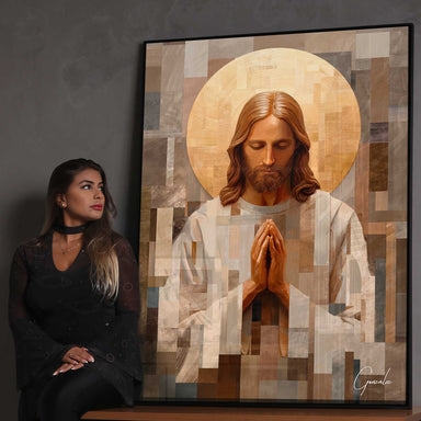 Modern religious wall art featuring Jesus Christ in prayer against a contemporary abstract backdrop.