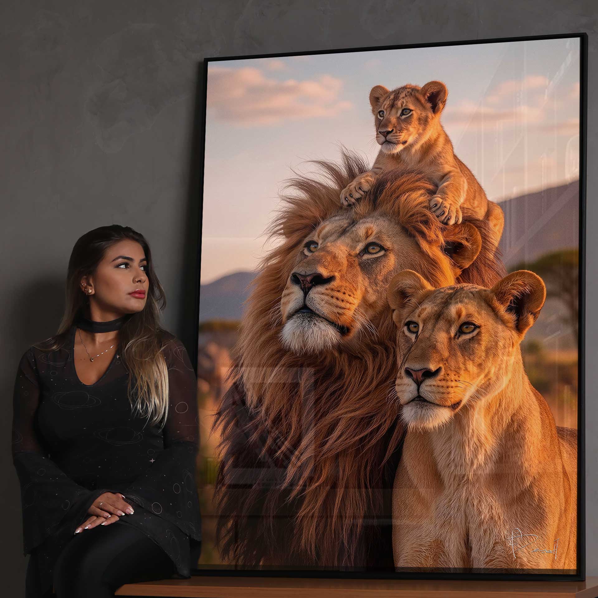 Living room decor idea: safari-themed wall art with a majestic lion family