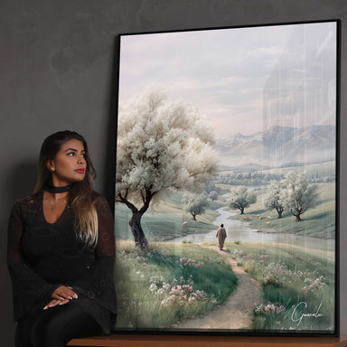 White blossoms framing the tranquil landscape with a shepherd figure