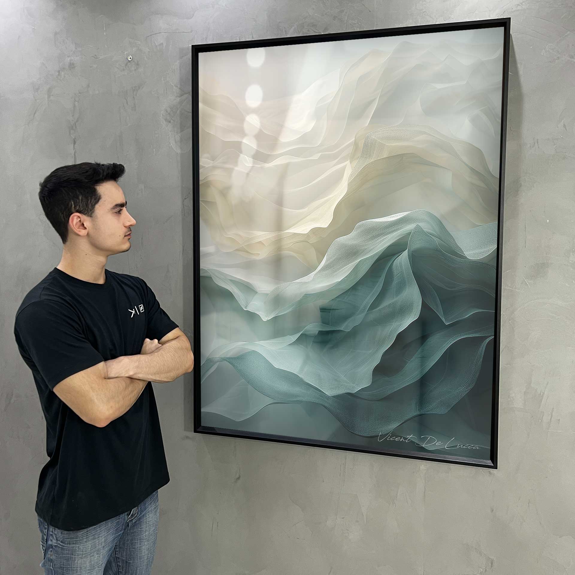 Living room wall art featuring tranquil blue-green hues