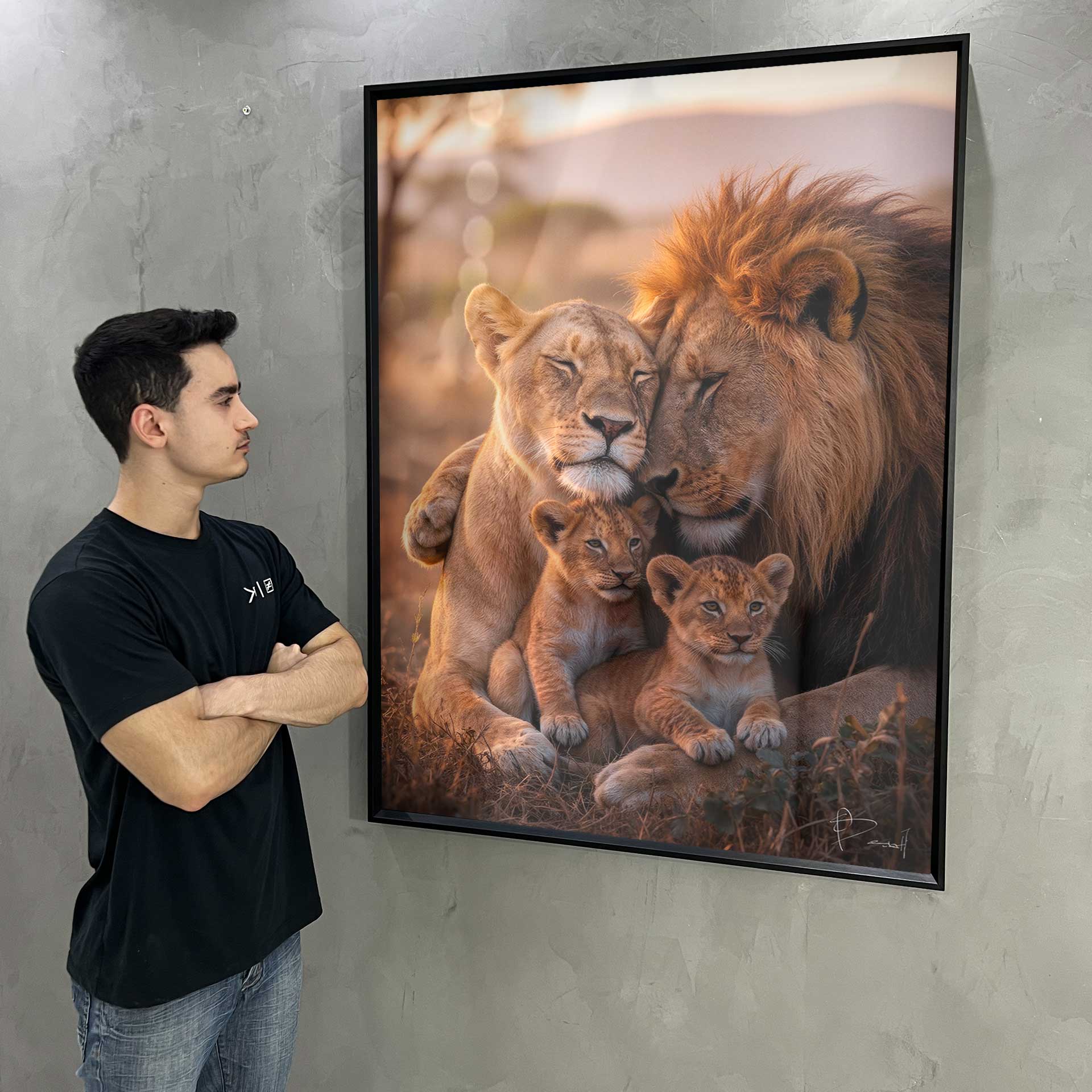 Close-up wildlife photograph featuring a lion pair and cubs in soft focus background