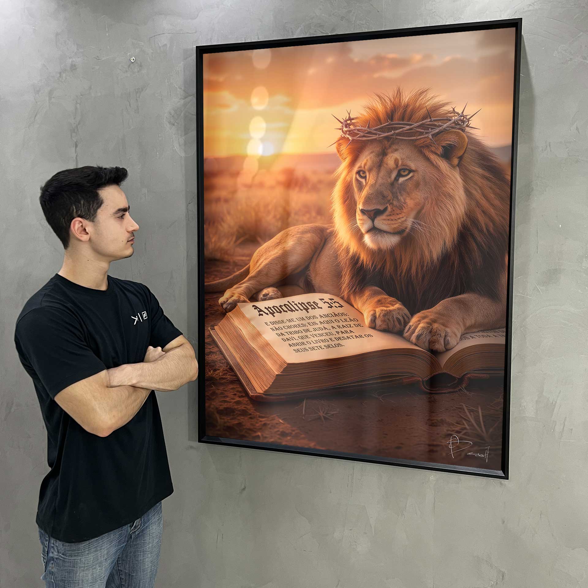 Open Bible with Revelation 5:5 under a regal lion in a serene landscape.