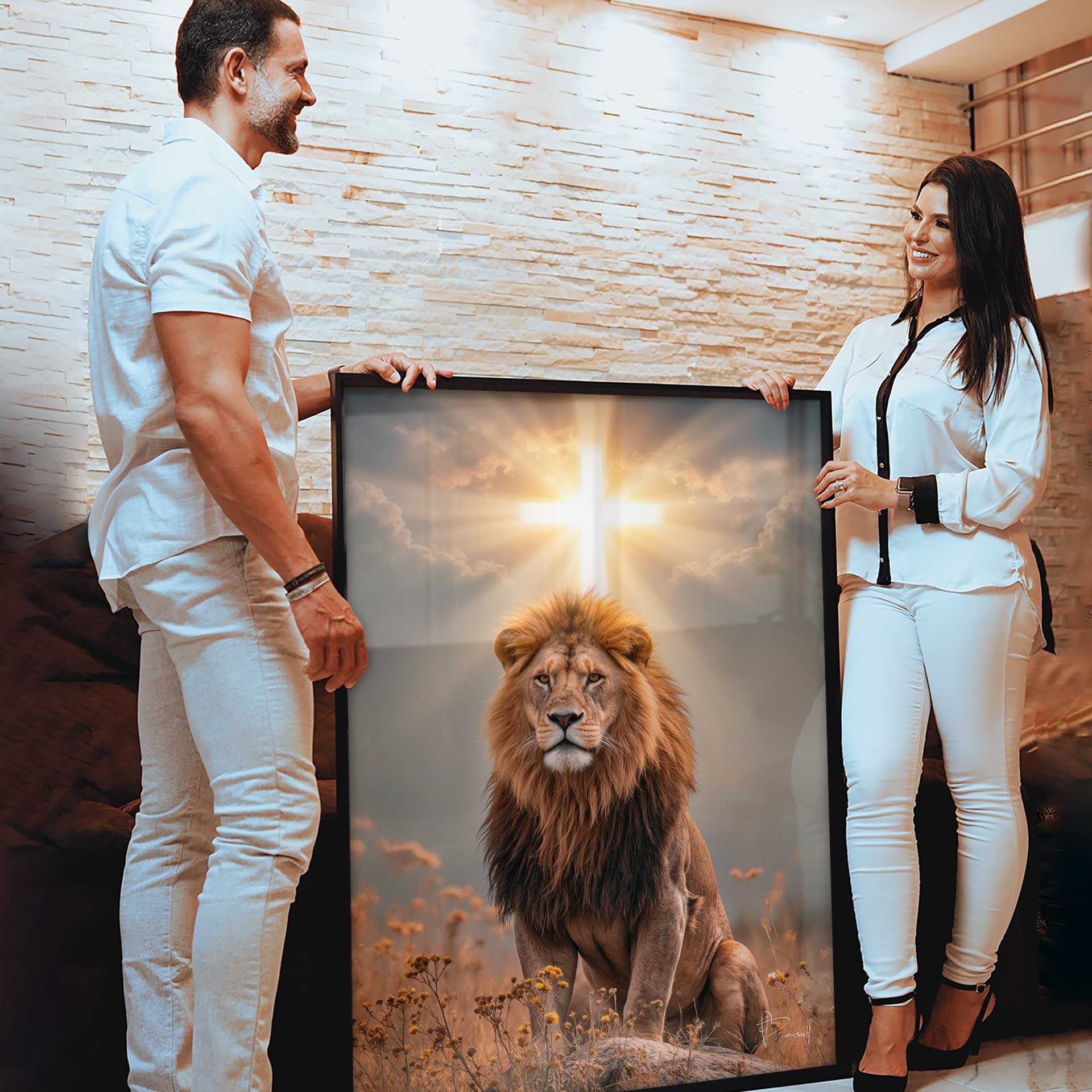 Photorealistic animal wall art with warm ochre tones and radiant cross