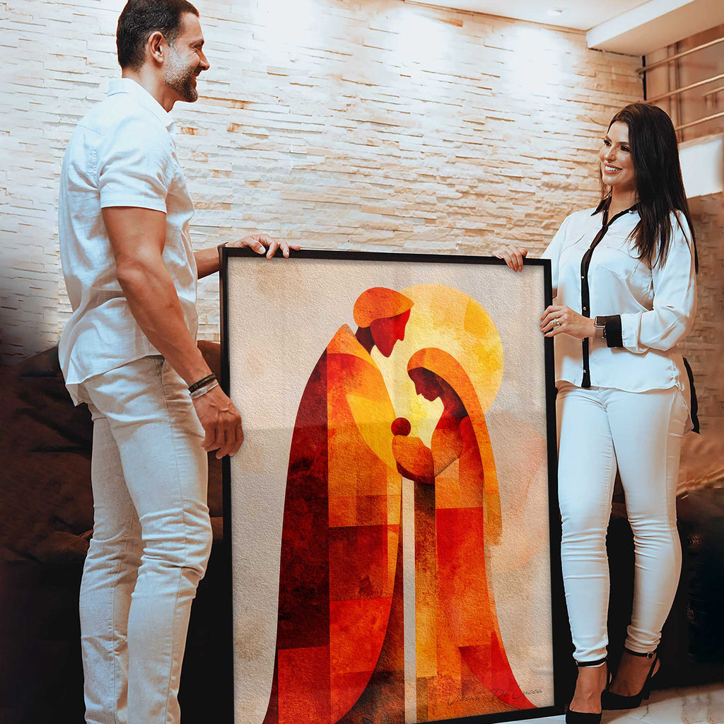 Textured background and vibrant palette frame the contemporary religious artwork.