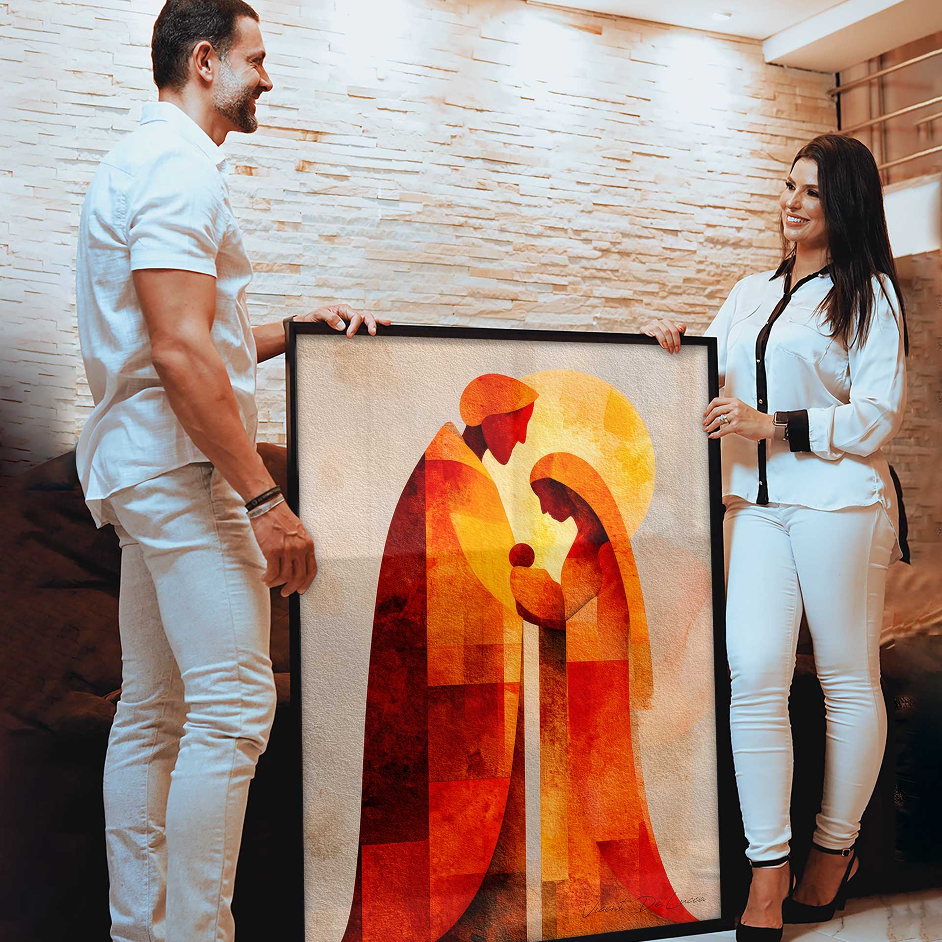 Textured background and vibrant palette frame the contemporary religious artwork.