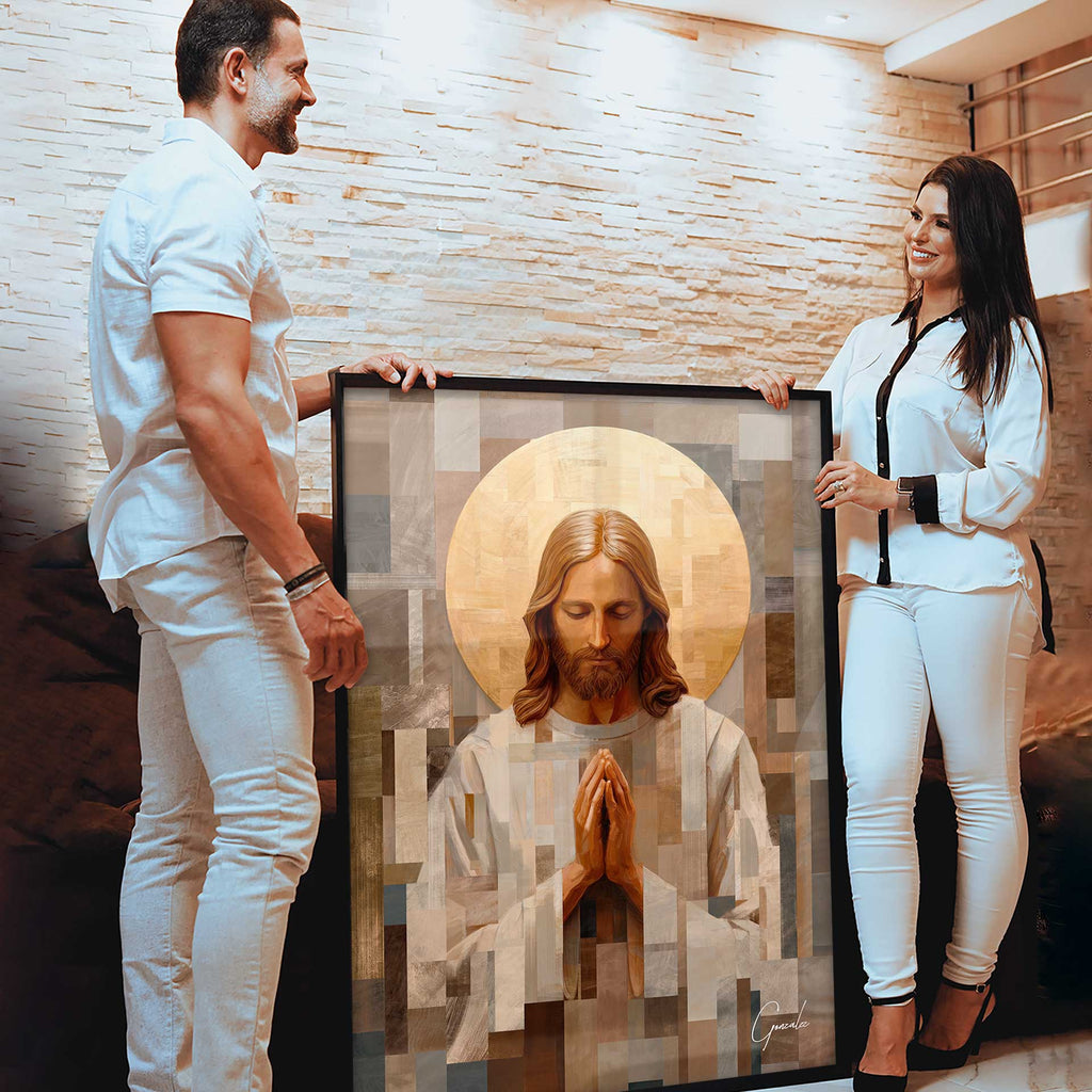 Gallery-style presentation of portrait religious art suitable for living rooms or studies.