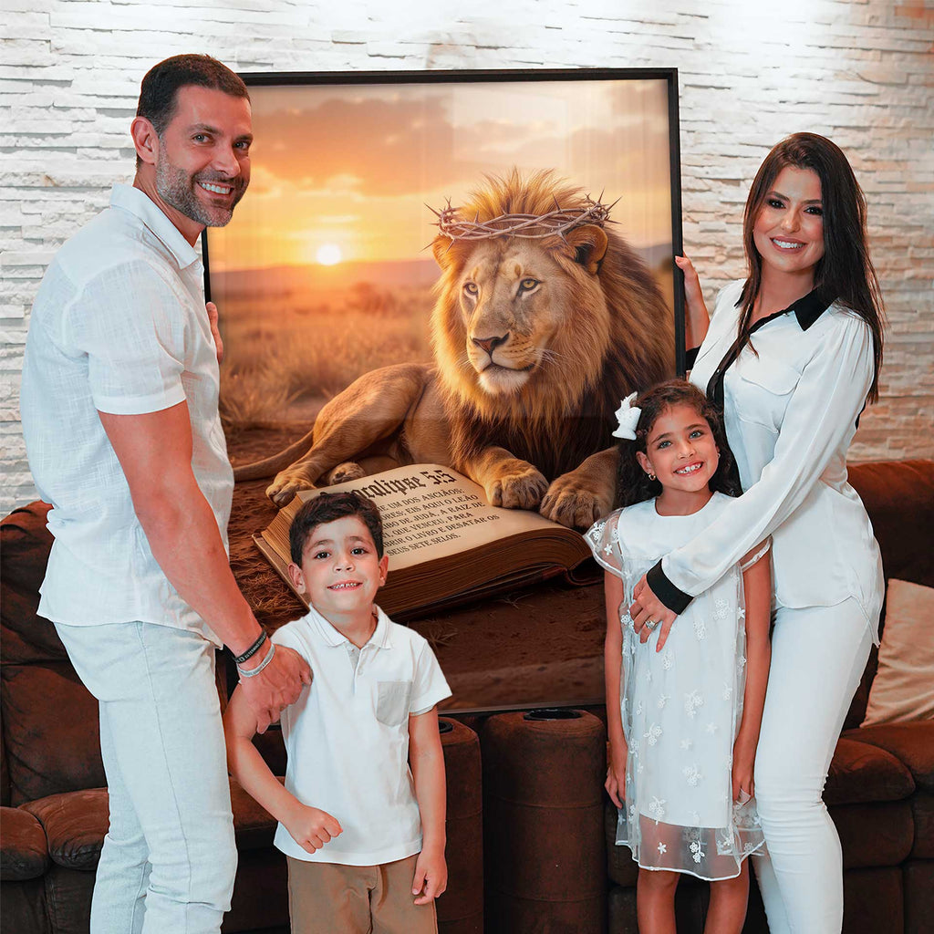 Savanna backdrop with a crowned lion and sunset hues.