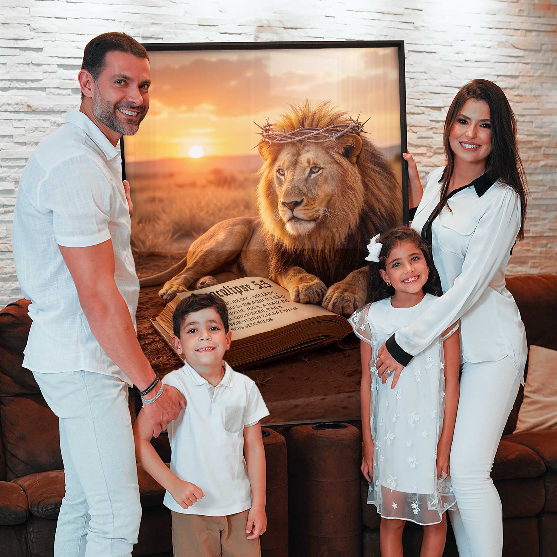 Savanna backdrop with a crowned lion and sunset hues.