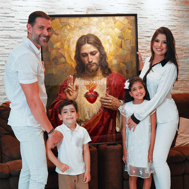 Deep red robe on Jesus and a serene reverent gaze