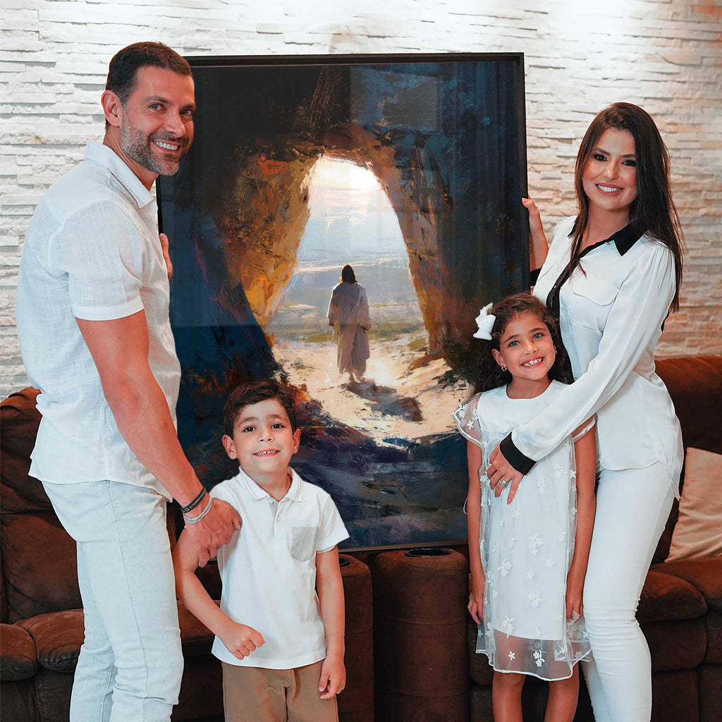 Portrait-format canvas depicting a contemplative scene suitable for traditional or contemporary interiors.