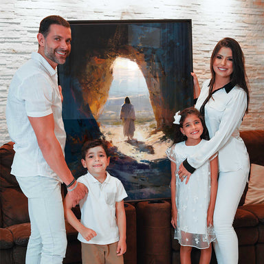Portrait-format canvas depicting a contemplative scene suitable for traditional or contemporary interiors.