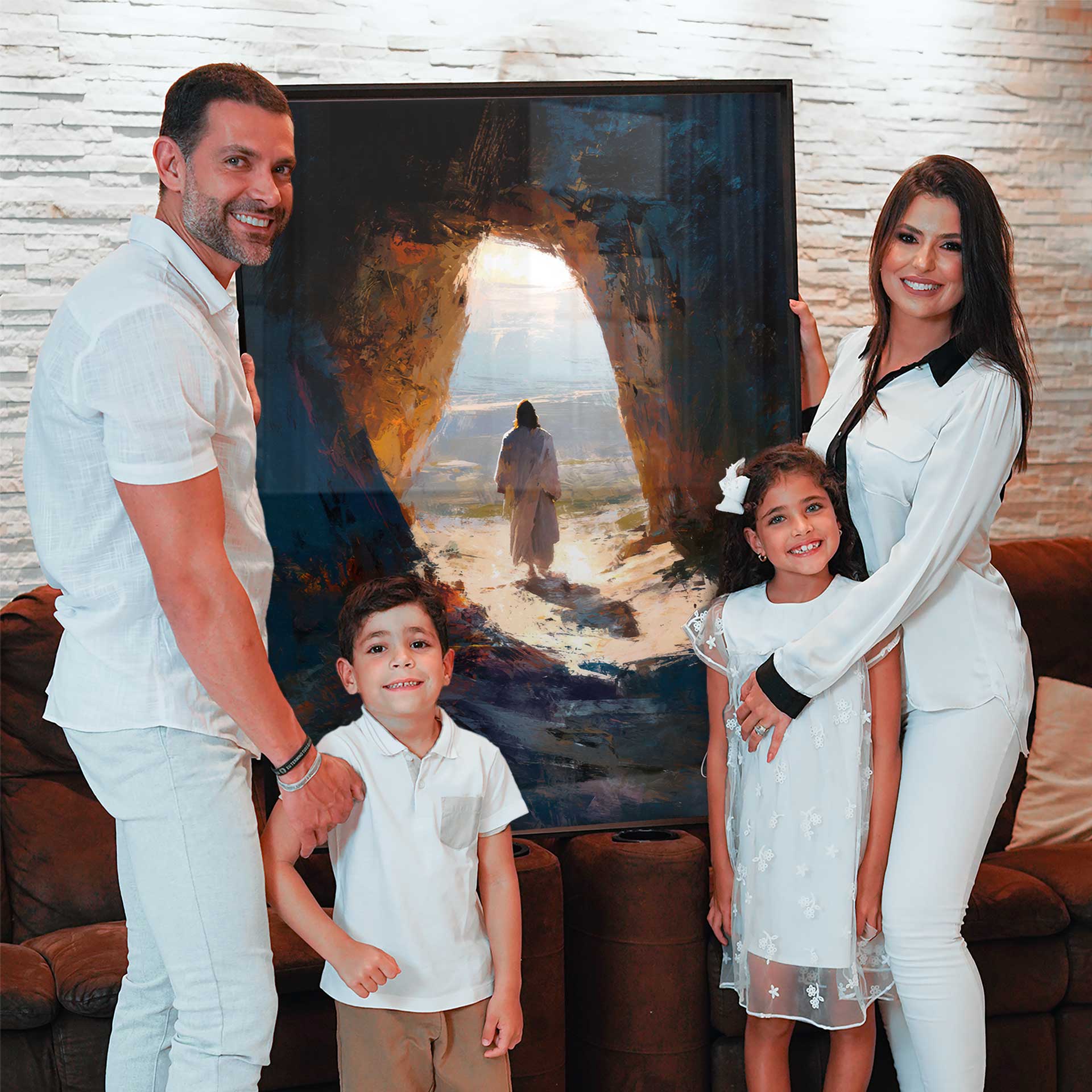 Portrait-format canvas depicting a contemplative scene suitable for traditional or contemporary interiors.