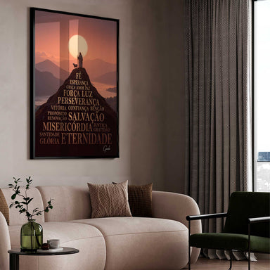 Religious wall art featuring lamb and shepherd atop a peak under a vivid sky.