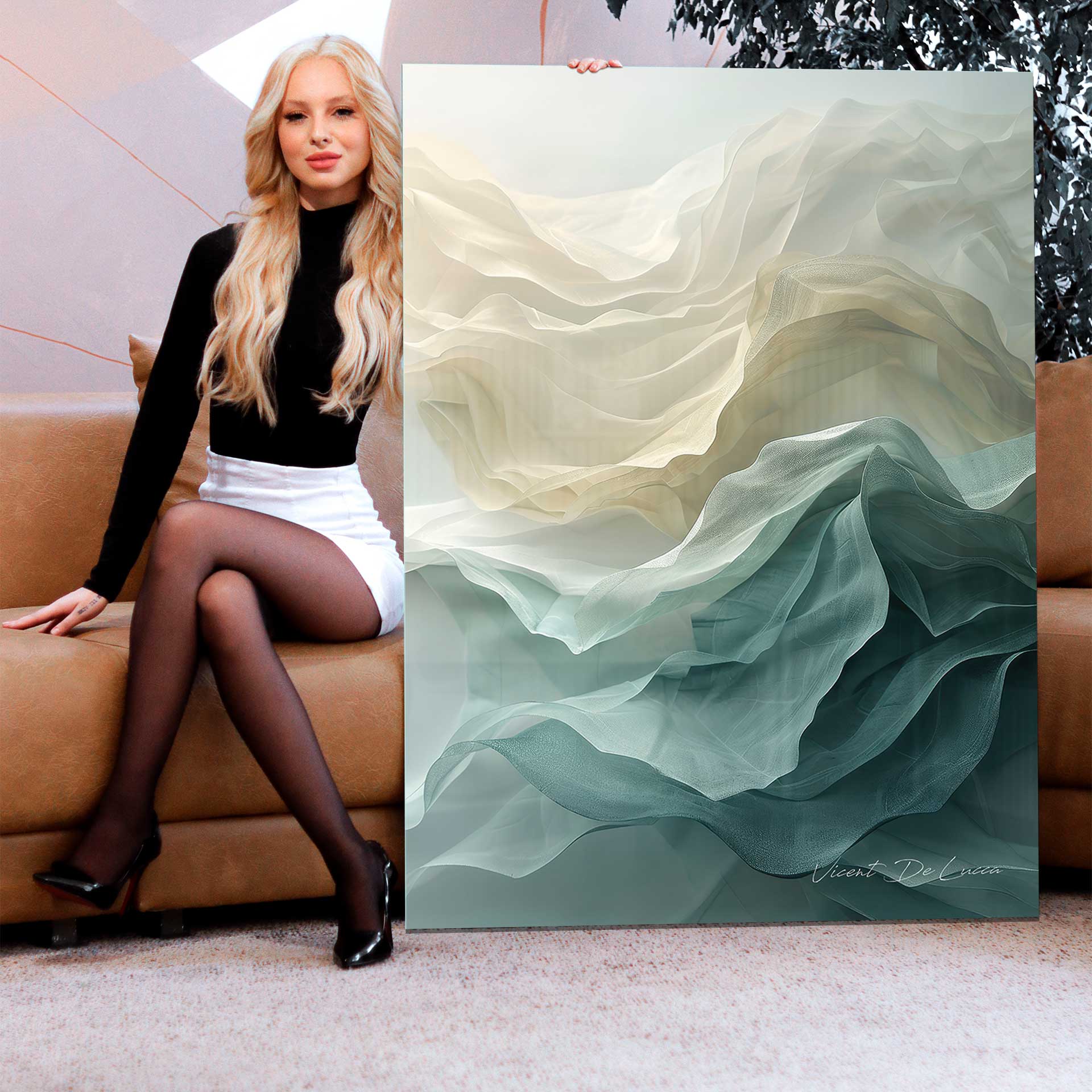 Delicate fabric-like textures and ethereal waves in a contemporary abstract artwork