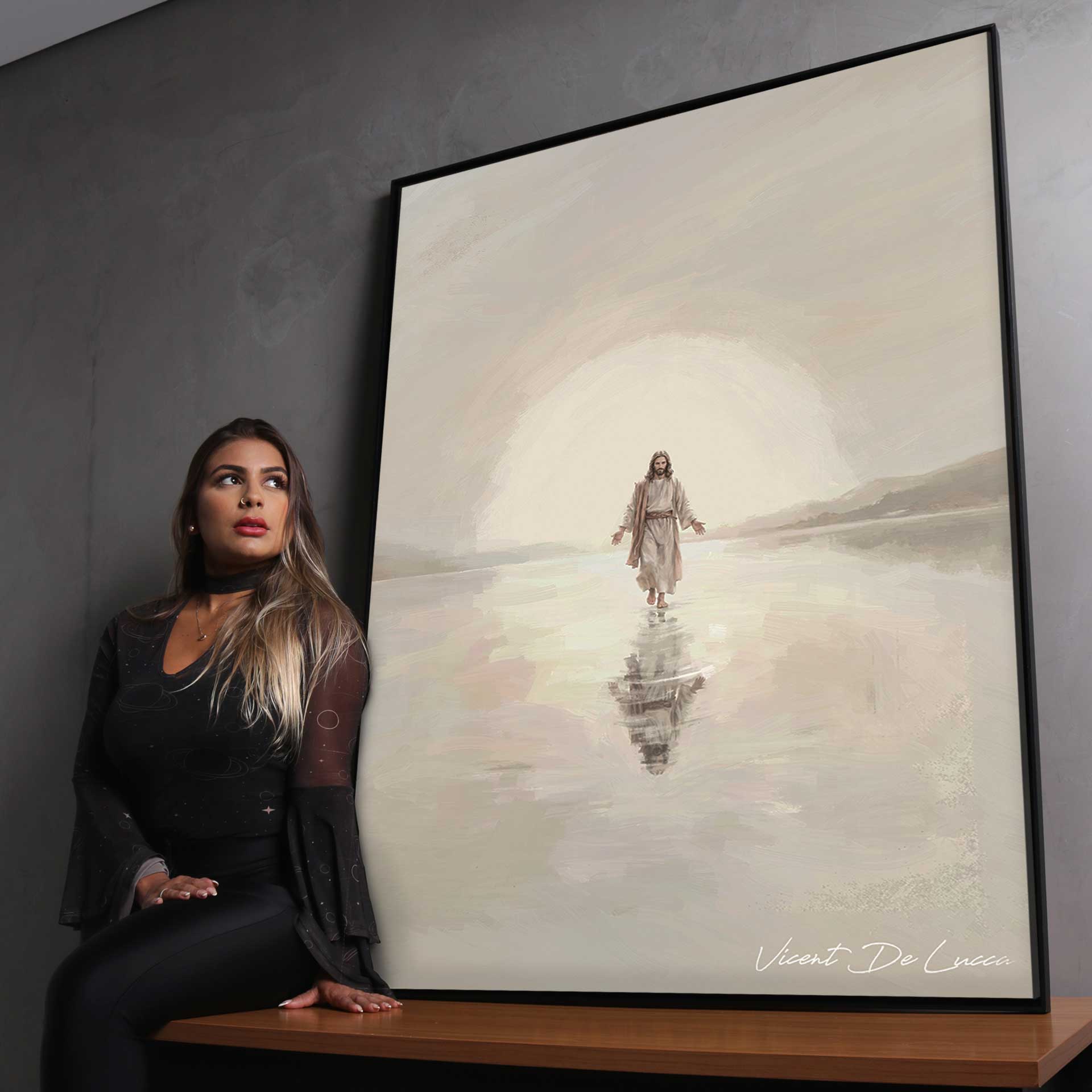 Visible brushstrokes and a peaceful color palette in a contemporary religious artwork