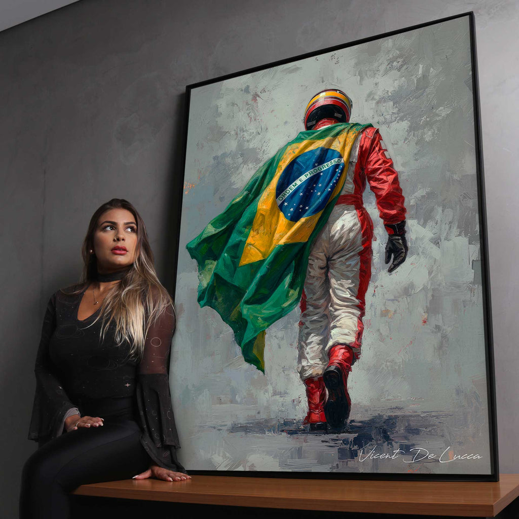 Red and white racing suit contrasts with a patriotic flag motif in a dramatic artwork