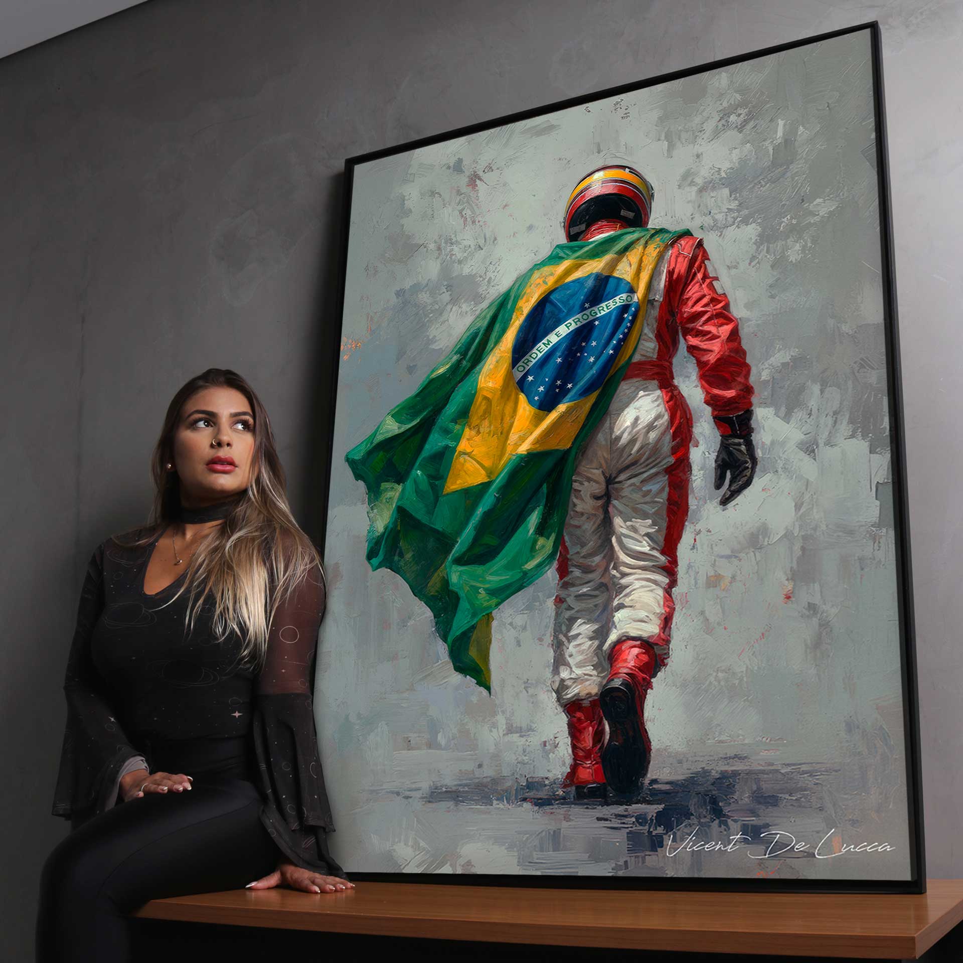 Red and white racing suit contrasts with a patriotic flag motif in a dramatic artwork