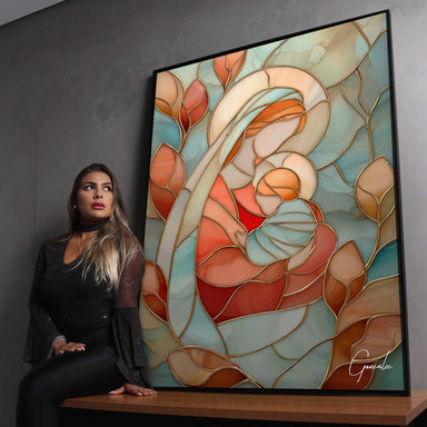 Modern religious wall art blending traditional imagery with contemporary techniques.