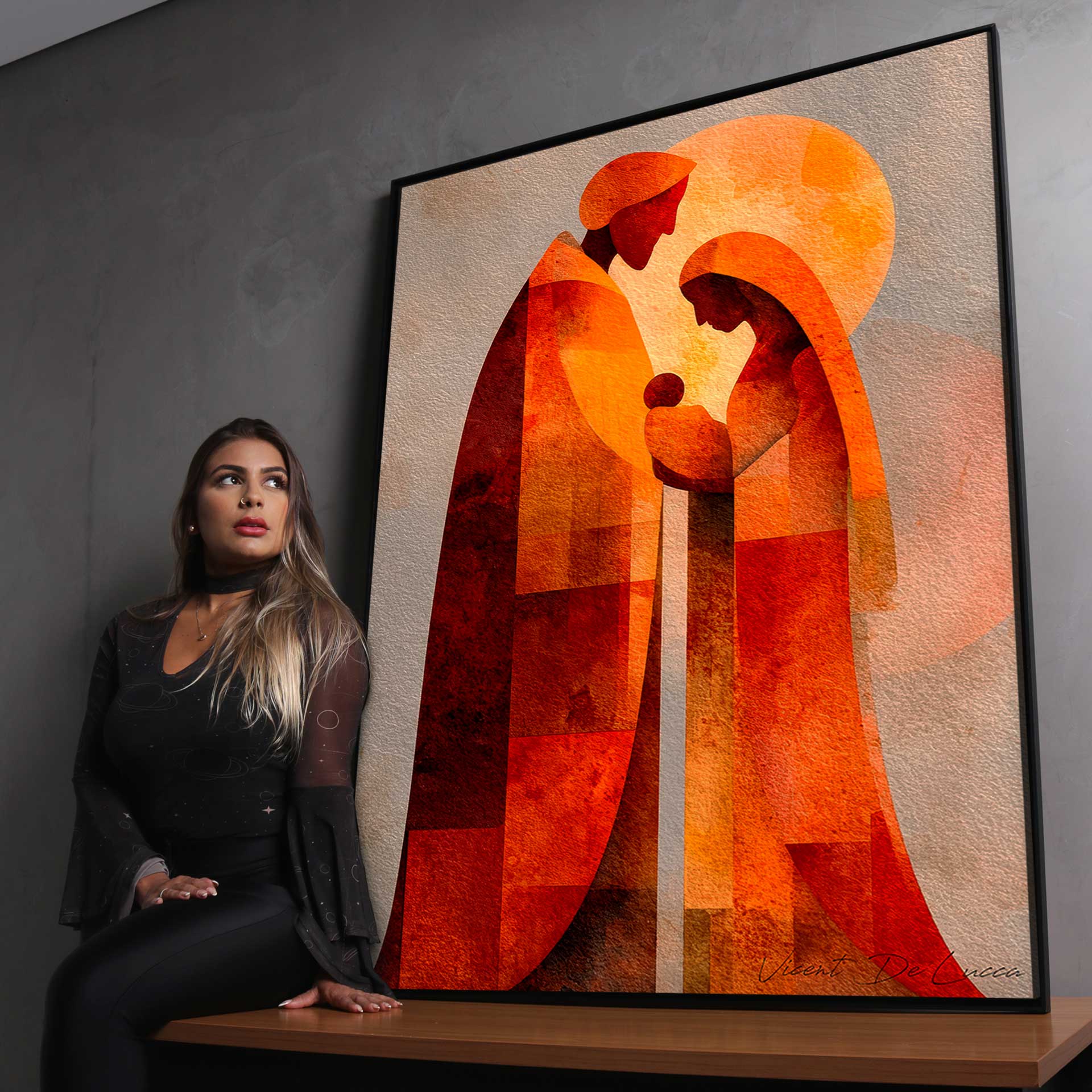 Geometric abstraction of the Holy Family in warm colors for gallery wall display.