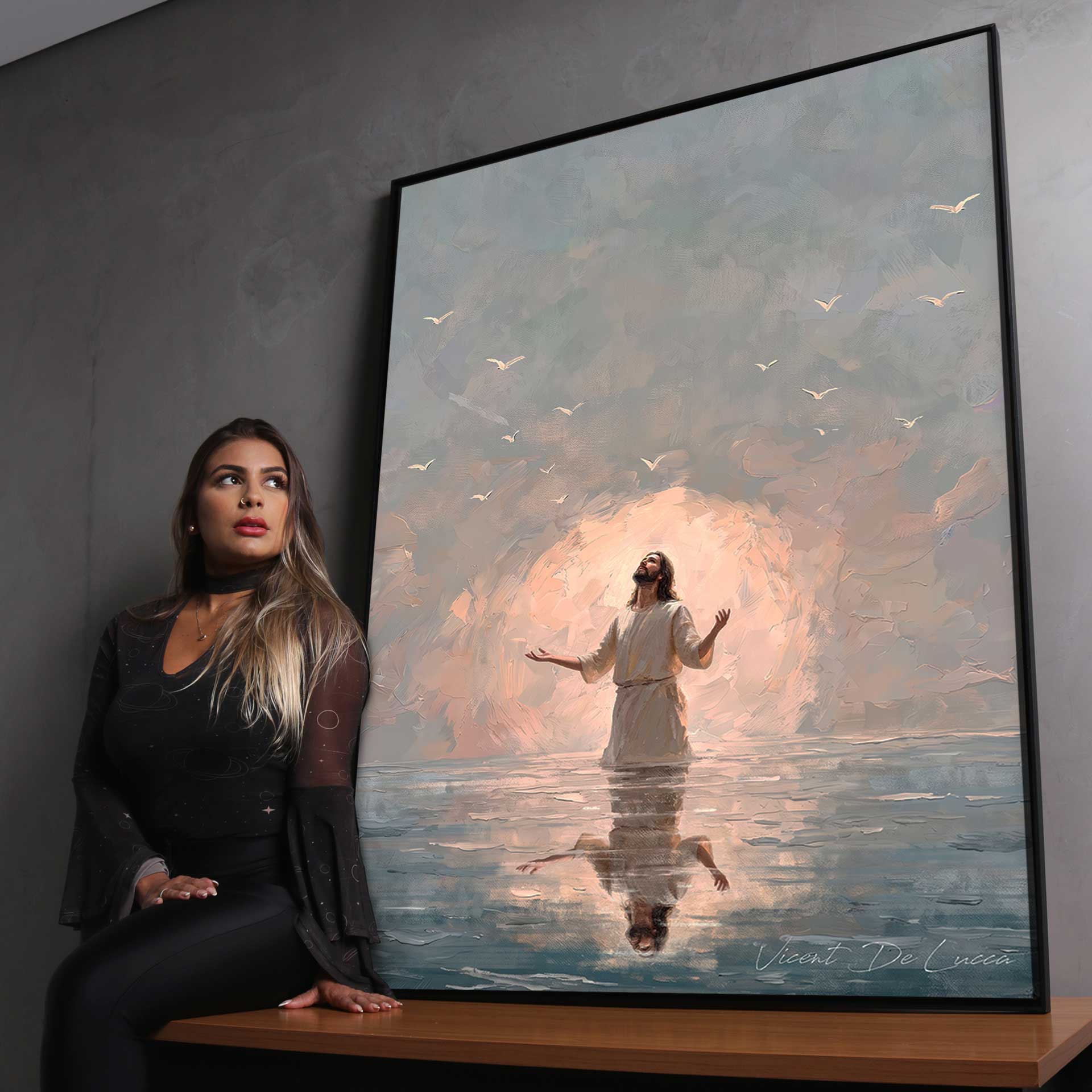 Portrait-format religious artwork with a soothing color palette.