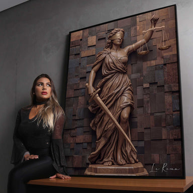 Three-dimensional wood relief depicting a classical allegorical figure of justice