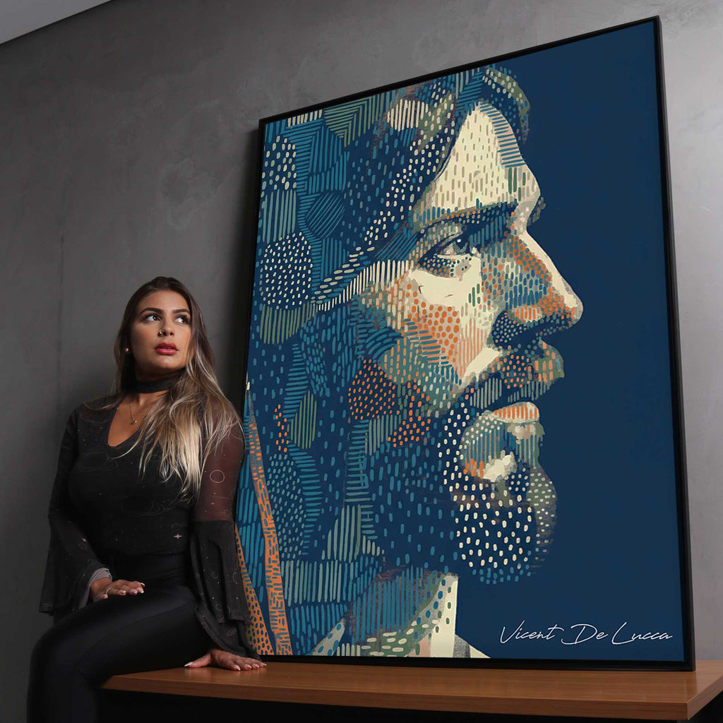 Dark navy backdrop complements the luminous blues and oranges in the artwork.