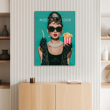 Iconic actress-inspired artwork on canvas with fries motif