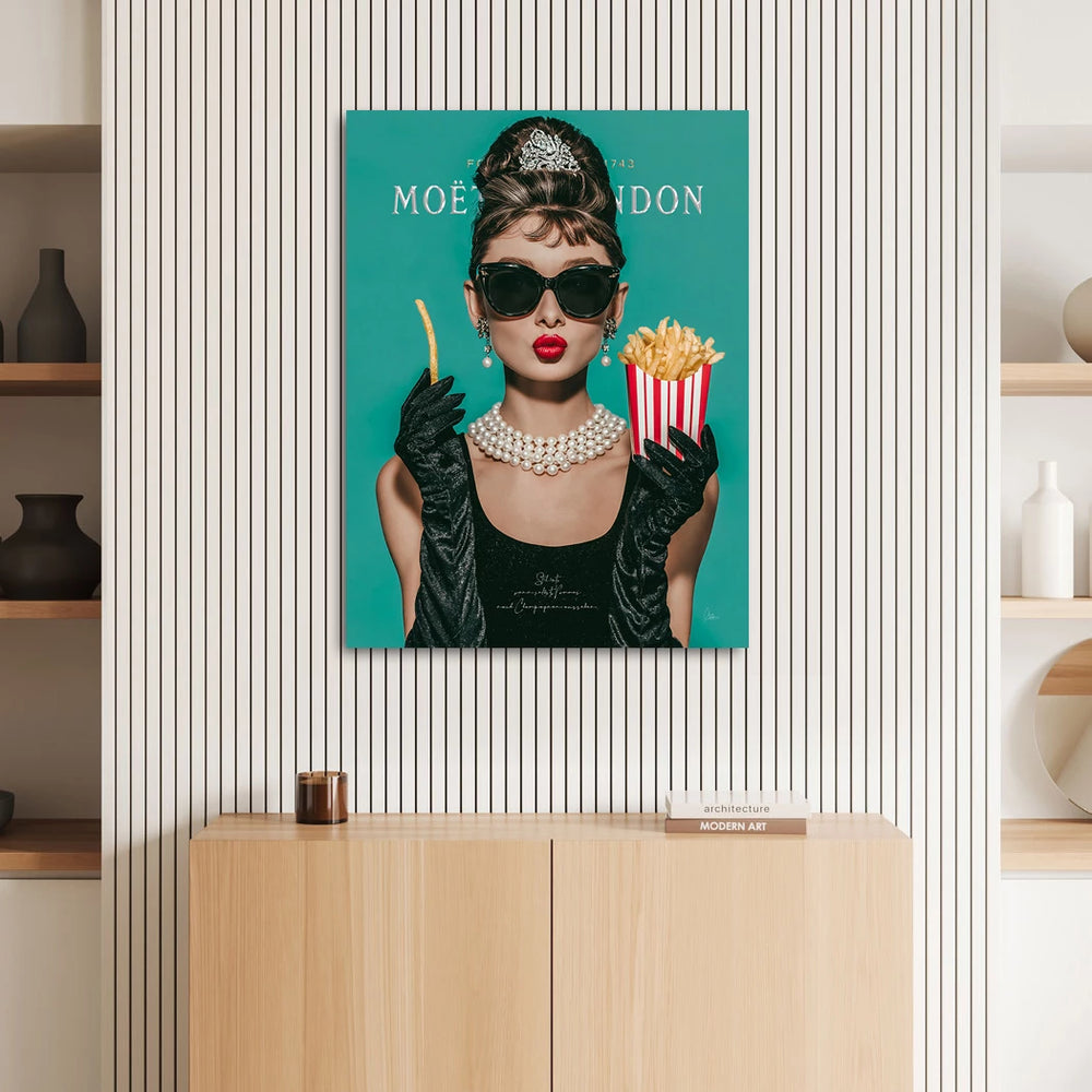 Iconic actress-inspired artwork on canvas with fries motif