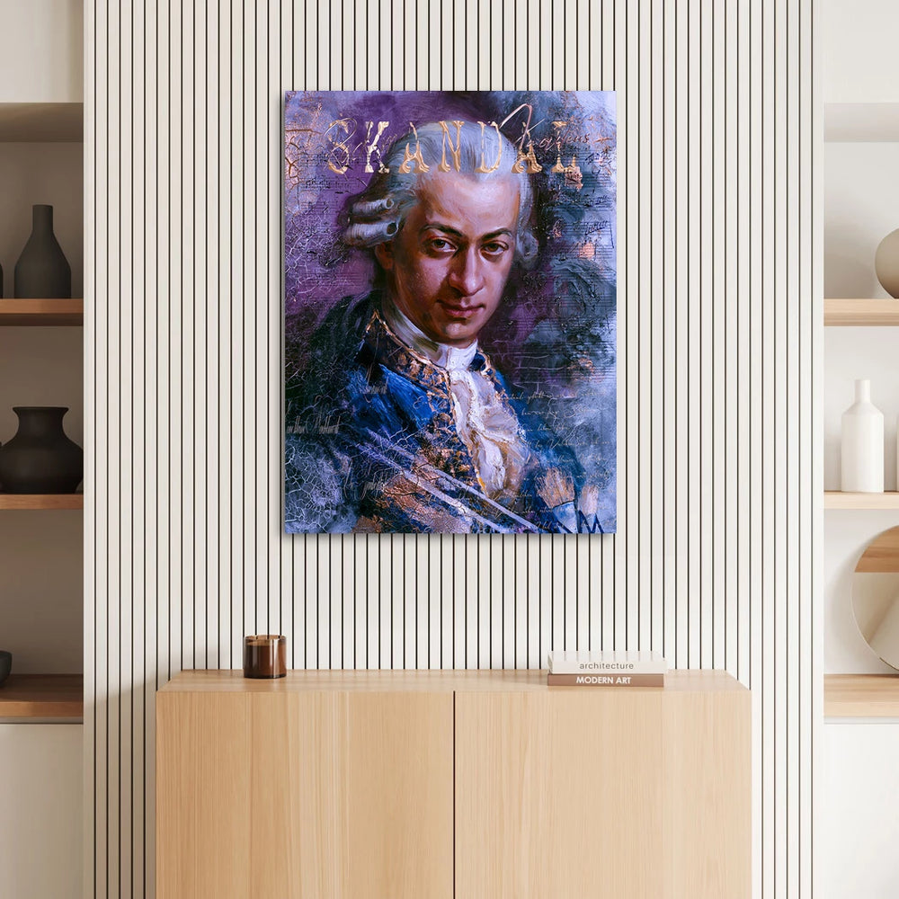 Thoughtful Mozart gaze against textured purple and blue background