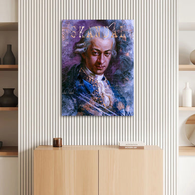 Thoughtful Mozart gaze against textured purple and blue background