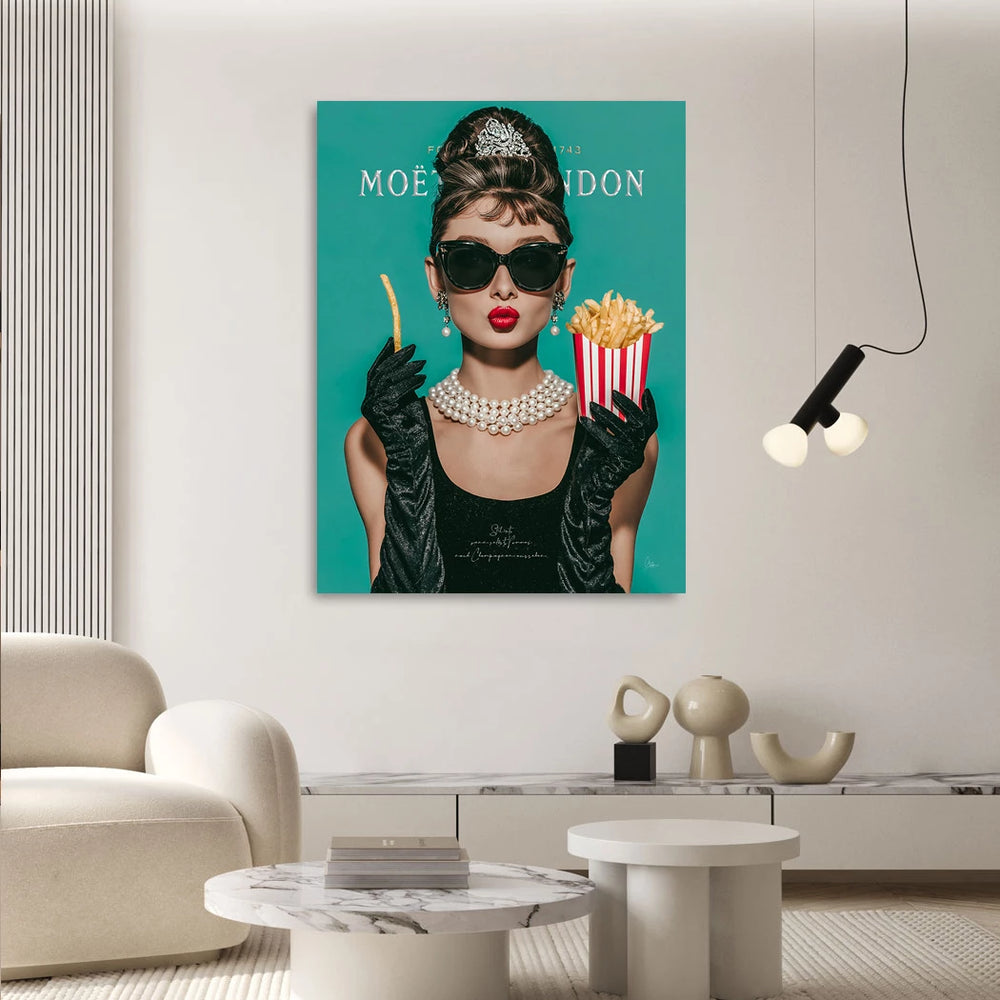 Colorful wall art blending fashion and food on a portrait canvas