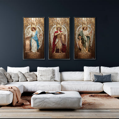 Saint Raphael in a green robe in the third panel of the triptych.