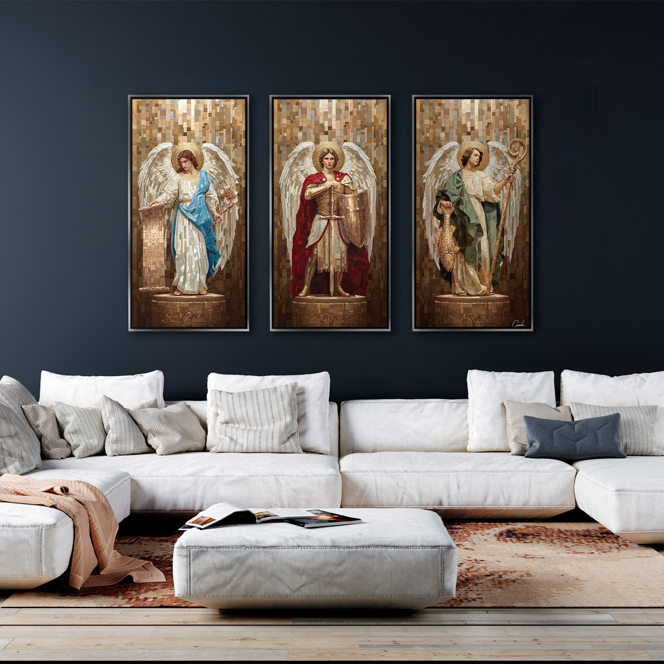 Saint Raphael in a green robe in the third panel of the triptych.