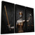 Bronze-accented Lady Justice in a three-panel triptych featuring a blindfolded figure holding a sword and scales against a dark marbled background with bronze accents.