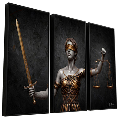 Bronze-accented Lady Justice in a three-panel triptych featuring a blindfolded figure holding a sword and scales against a dark marbled background with bronze accents.