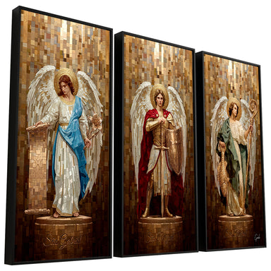 Three-panel mosaic wall art showing archangels Gabriel, Michael, and Raphael in blue, red, and green robes against a gold-brown background.