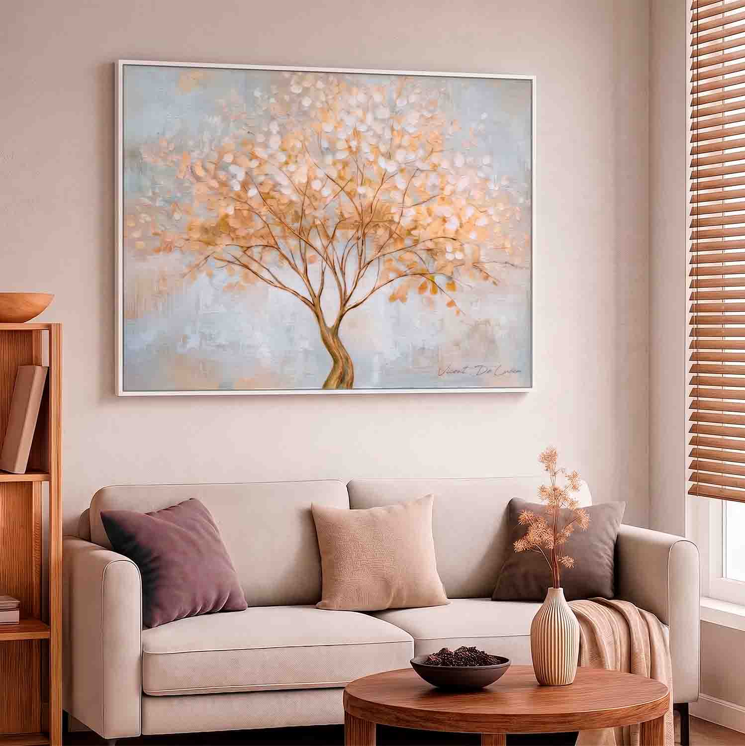 Gold-trunk tree with curved form surrounded by muted beige and blue tones
