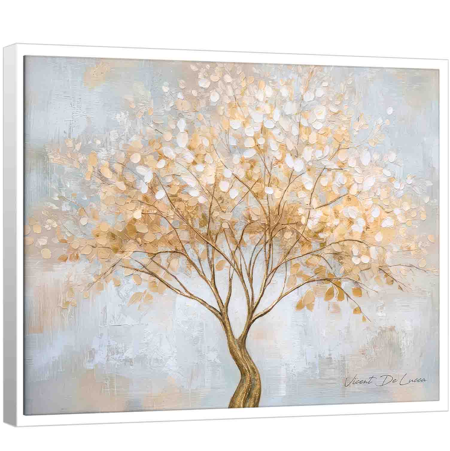 Calm Tree Painting from Natural Abstract Collection with a golden curved trunk and textured light leaves on a muted gray-blue background