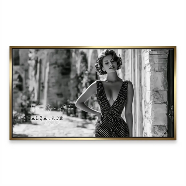 Celebrity-inspired art print in grayscale with a Roman backdrop.
