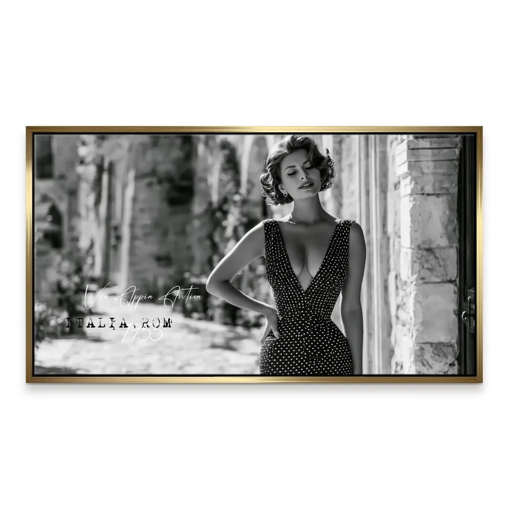 Celebrity-inspired art print in grayscale with a Roman backdrop.