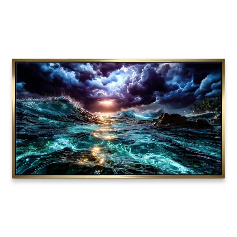 Vast landscape showing stormy atmosphere and bold color palette for modern coastal décor