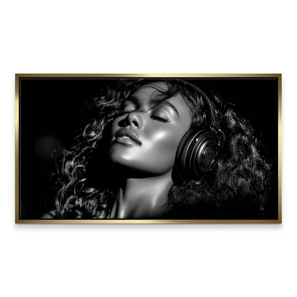 Landscape-oriented canvas print featuring a tranquil, headphone-wearing woman
