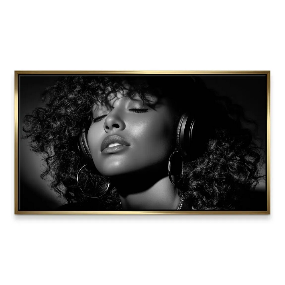 Portrait-style canvas art showing a soulful female figure in headphones against a dark background.