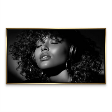 Portrait-style canvas art showing a soulful female figure in headphones against a dark background.