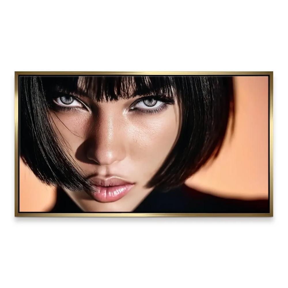 Portrait wall art with almond eyes and sleek hairstyle, modern fashion photography influence