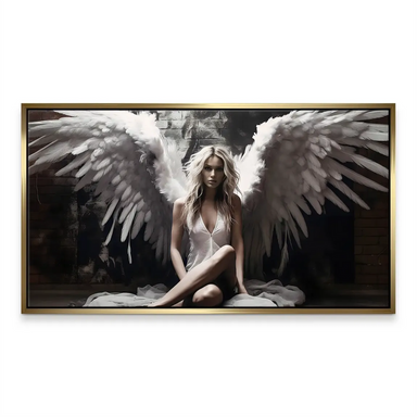 High-contrast fantasy art featuring a graceful female figure with white feathered wings