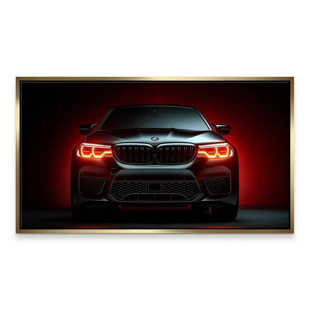 Red ambient light accentuates the car's silhouette in a modern wall art piece