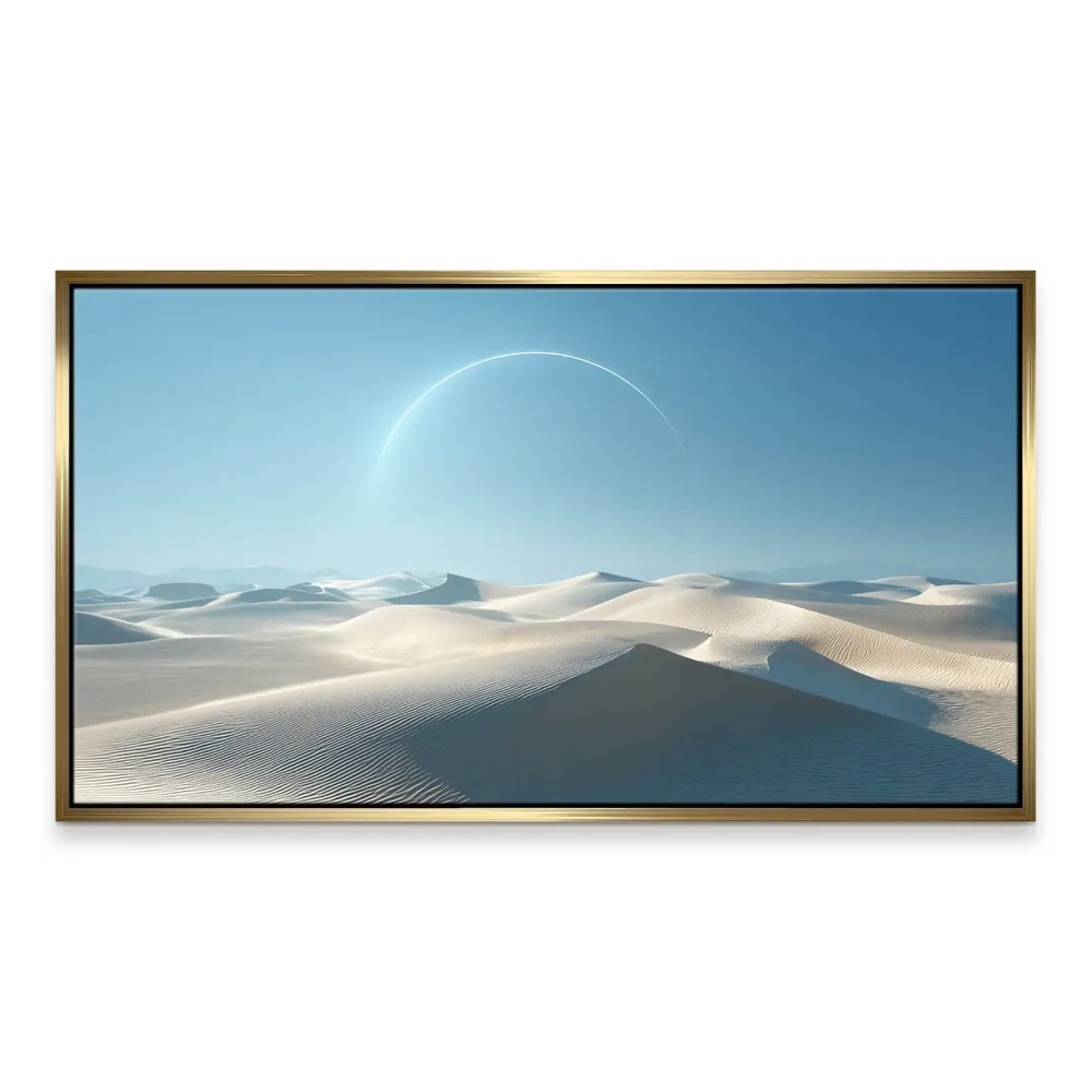 Calm, modern wall art depicting a desert panorama in blues and whites