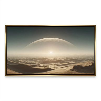 Atmospheric canvas wall art showing a bright sun at the horizon over a vast desert with teal sky