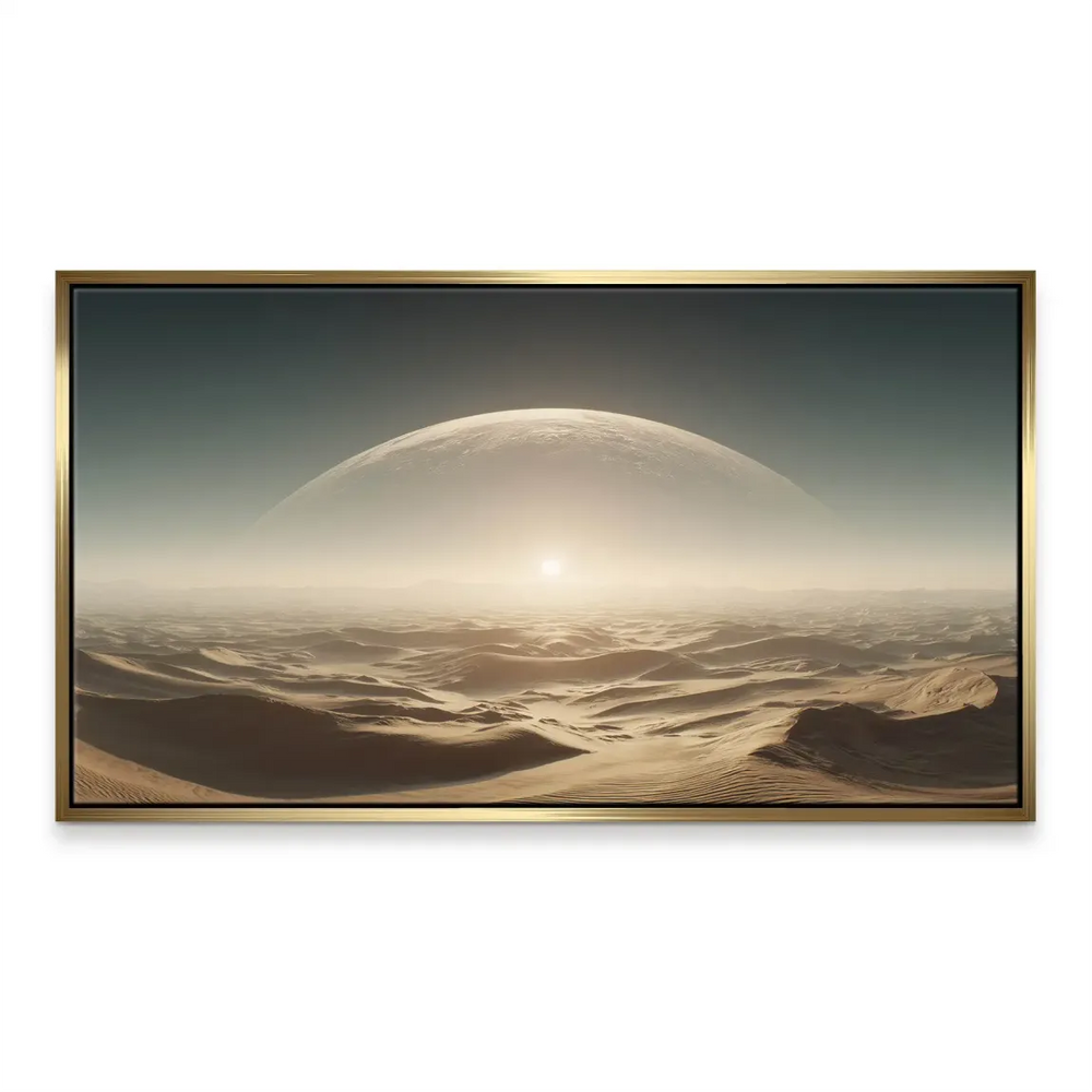 Atmospheric canvas wall art showing a bright sun at the horizon over a vast desert with teal sky